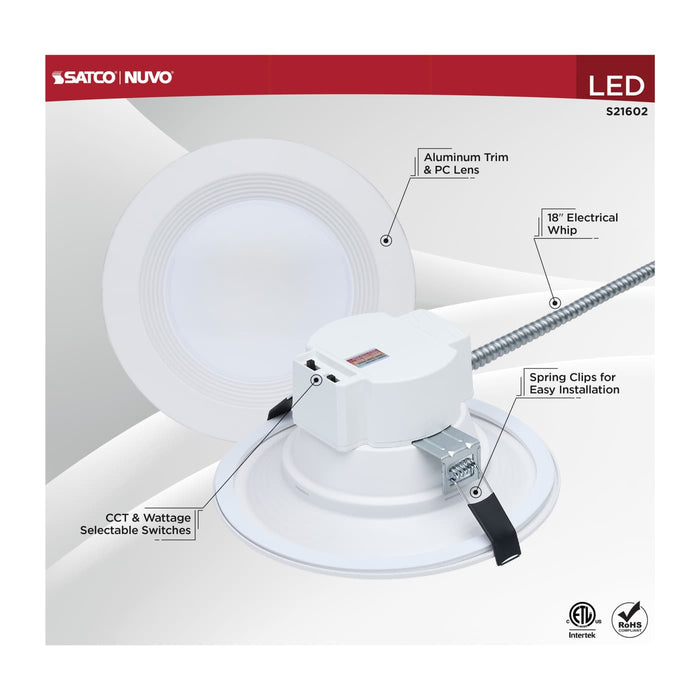 SATCO/NUVO 8 Inch Round LED Commercial Downlight Wattage/CCT Selectable 25.5W/22.5W/17.2W 2700K/3000K/3500K/4000K/5000K 120-347V Dimmable White (S21602)