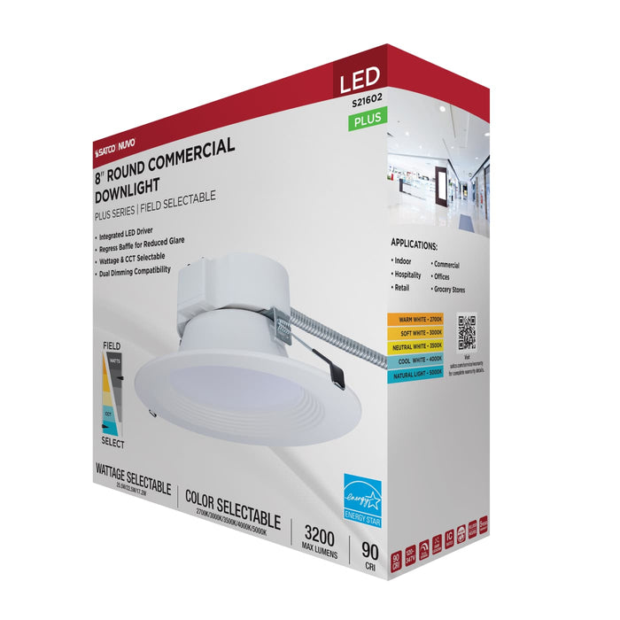 SATCO/NUVO 8 Inch Round LED Commercial Downlight Wattage/CCT Selectable 25.5W/22.5W/17.2W 2700K/3000K/3500K/4000K/5000K 120-347V Dimmable White (S21602)