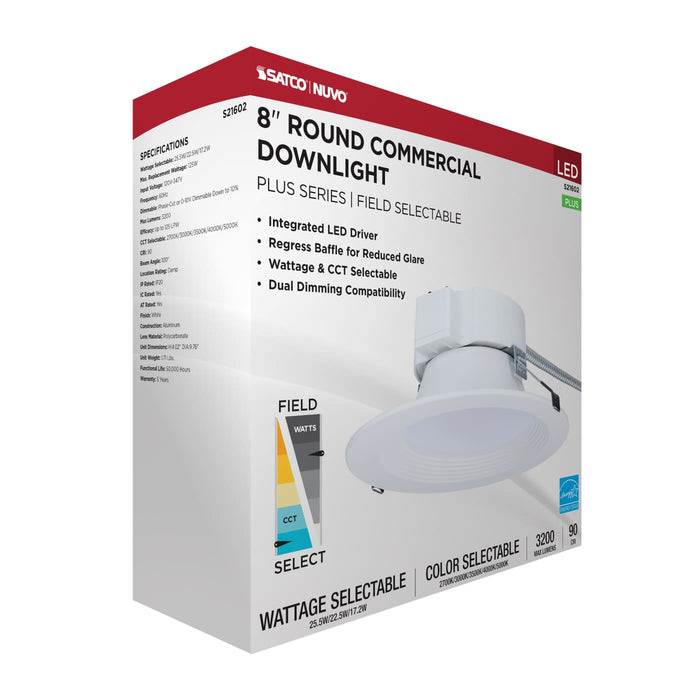 SATCO/NUVO 8 Inch Round LED Commercial Downlight Wattage/CCT Selectable 25.5W/22.5W/17.2W 2700K/3000K/3500K/4000K/5000K 120-347V Dimmable White (S21602)