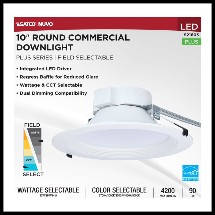 SATCO/NUVO 10 Inch Round LED Commercial Downlight Wattage/CCT Selectable 35W/29W/24W 2700K/3000K/3500K/4000K/5000K 120-277V Dimmable White (S21603)