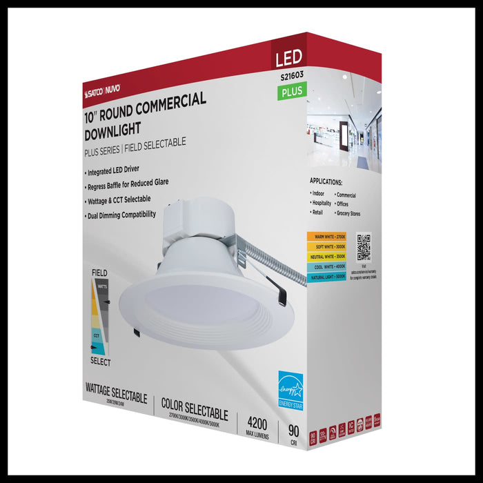 SATCO/NUVO 10 Inch Round LED Commercial Downlight Wattage/CCT Selectable 35W/29W/24W 2700K/3000K/3500K/4000K/5000K 120-277V Dimmable White (S21603)