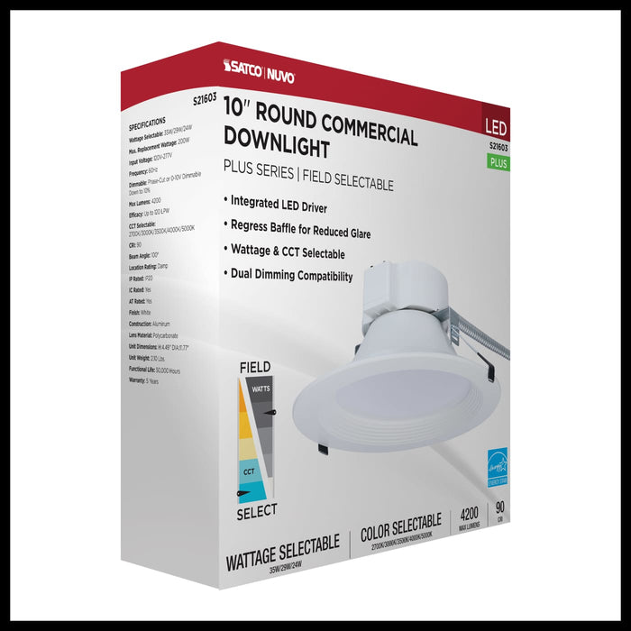SATCO/NUVO 10 Inch Round LED Commercial Downlight Wattage/CCT Selectable 35W/29W/24W 2700K/3000K/3500K/4000K/5000K 120-277V Dimmable White (S21603)