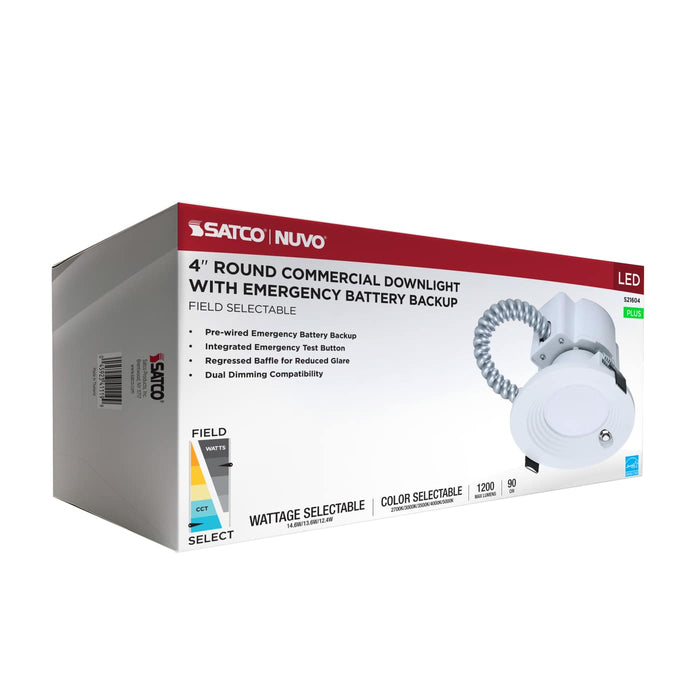 SATCO/NUVO 4 Inch Round LED Downlight Wattage/CCT Selectable 14.6W/13.6W/12.4W 2700K/3000K/3500K/4000K/5000K 120-347V  White Emergency Battery Backup (S21604)