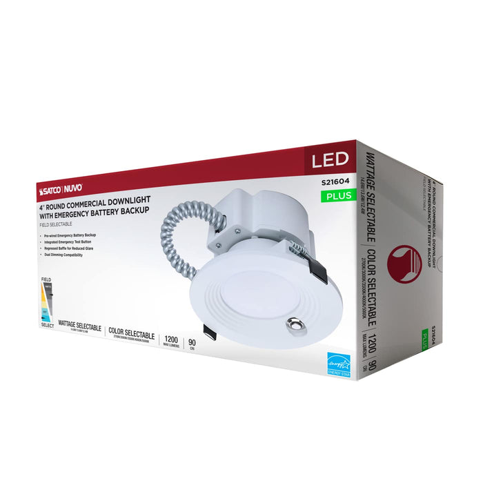 SATCO/NUVO 4 Inch Round LED Downlight Wattage/CCT Selectable 14.6W/13.6W/12.4W 2700K/3000K/3500K/4000K/5000K 120-347V  White Emergency Battery Backup (S21604)