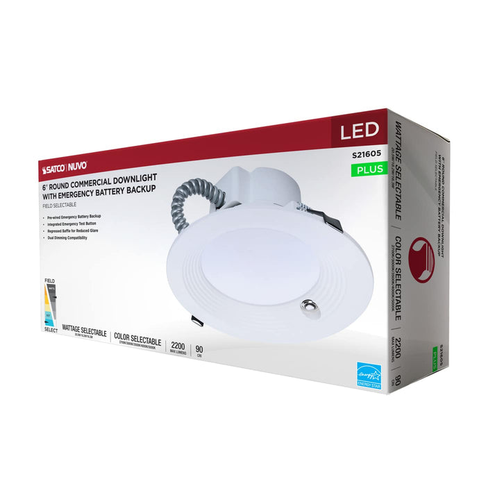SATCO/NUVO 6 Inch Round LED Downlight Wattage/CCT Selectable 20.5W/18.2W/16.3W 2700K/3000K/3500K/4000K/5000K 120-347V  White Emergency Battery Backup (S21605)