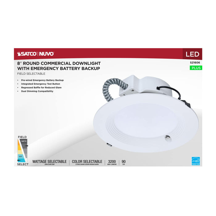 SATCO/NUVO 8 Inch Round LED Downlight Wattage/CCT Selectable 28W/25W/20W 2700K/3000K/3500K/4000K/5000K 120-347V Dimmable White Emergency Battery Backup (S21606)