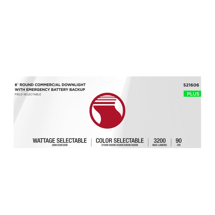 SATCO/NUVO 8 Inch Round LED Downlight Wattage/CCT Selectable 28W/25W/20W 2700K/3000K/3500K/4000K/5000K 120-347V Dimmable White Emergency Battery Backup (S21606)