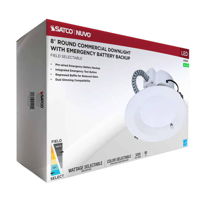 SATCO/NUVO 8 Inch Round LED Downlight Wattage/CCT Selectable 28W/25W/20W 2700K/3000K/3500K/4000K/5000K 120-347V Dimmable White Emergency Battery Backup (S21606)
