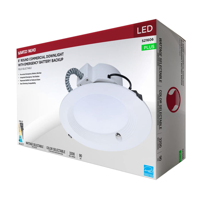 SATCO/NUVO 8 Inch Round LED Downlight Wattage/CCT Selectable 28W/25W/20W 2700K/3000K/3500K/4000K/5000K 120-347V Dimmable White Emergency Battery Backup (S21606)