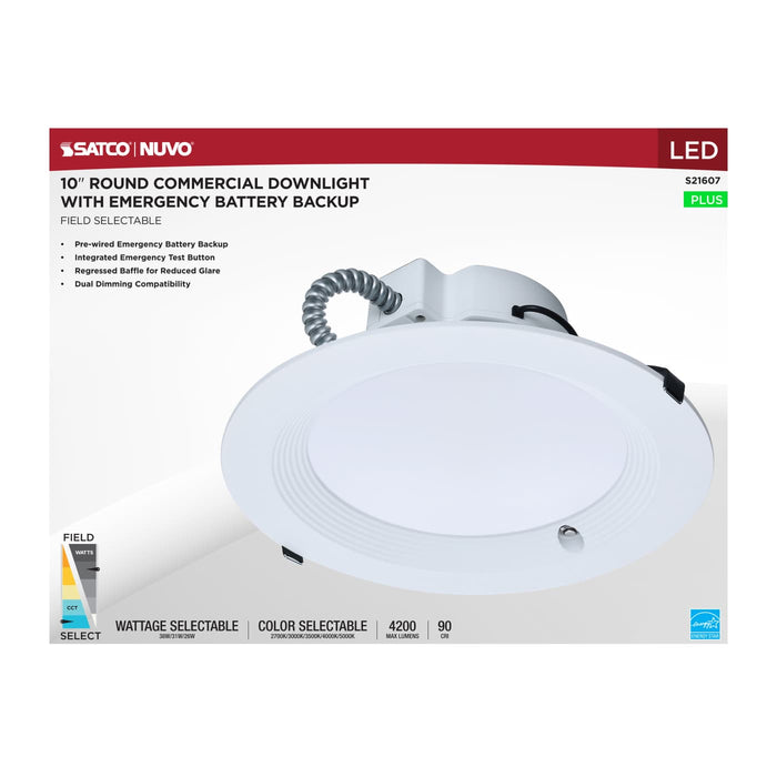 SATCO/NUVO 10 Inch Round LED Downlight Wattage/CCT Selectable 38W/31W/26W 2700K/3000K/3500K/4000K/5000K 120-277V Dimmable White Emergency Battery Backup (S21607)