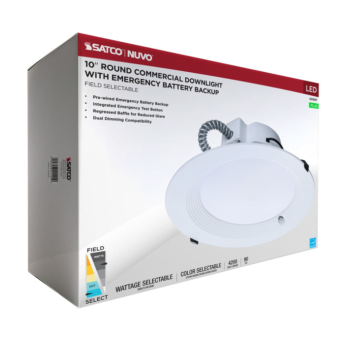 SATCO/NUVO 10 Inch Round LED Downlight Wattage/CCT Selectable 38W/31W/26W 2700K/3000K/3500K/4000K/5000K 120-277V Dimmable White Emergency Battery Backup (S21607)