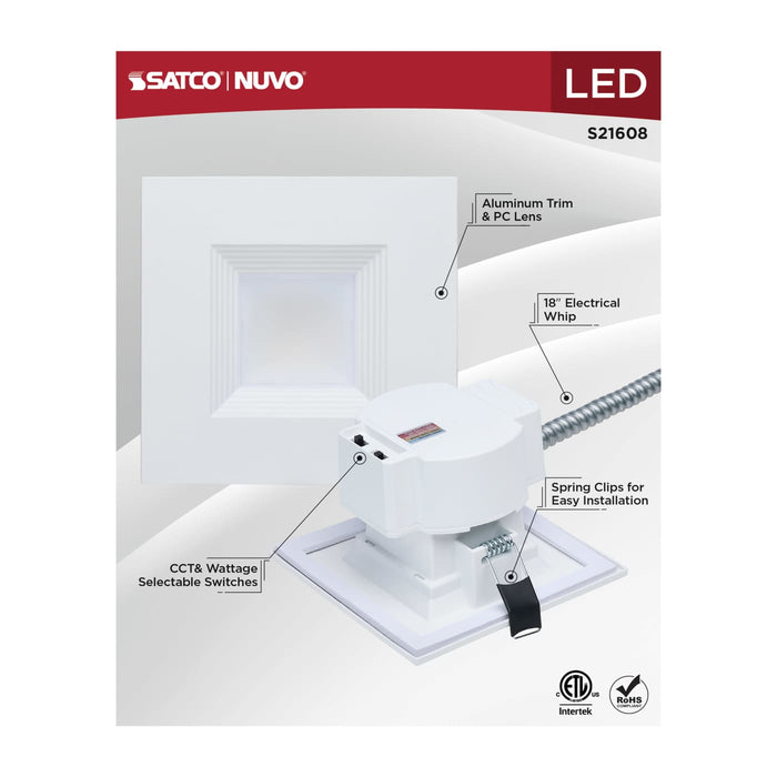 SATCO/NUVO 4 Inch Square LED Commercial Downlight Wattage/CCT Selectable 13.5W/12W/10.7W 2700K/3000K/3500K/4000K/5000K 120-347V Dimmable White (S21608)