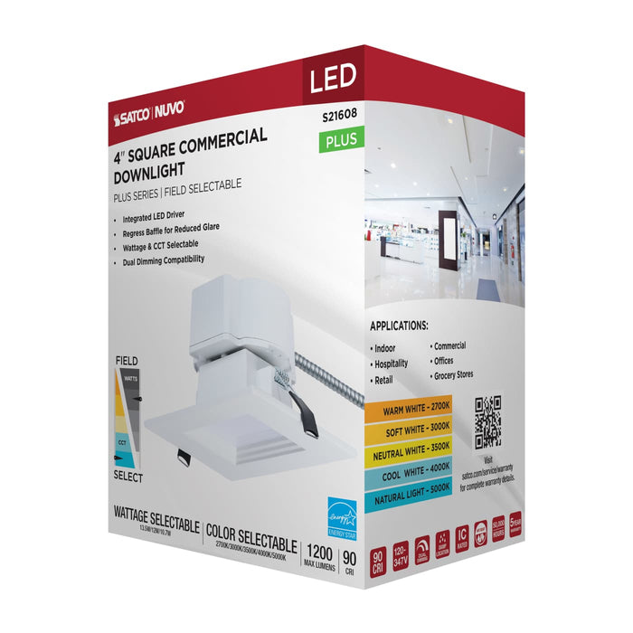 SATCO/NUVO 4 Inch Square LED Commercial Downlight Wattage/CCT Selectable 13.5W/12W/10.7W 2700K/3000K/3500K/4000K/5000K 120-347V Dimmable White (S21608)