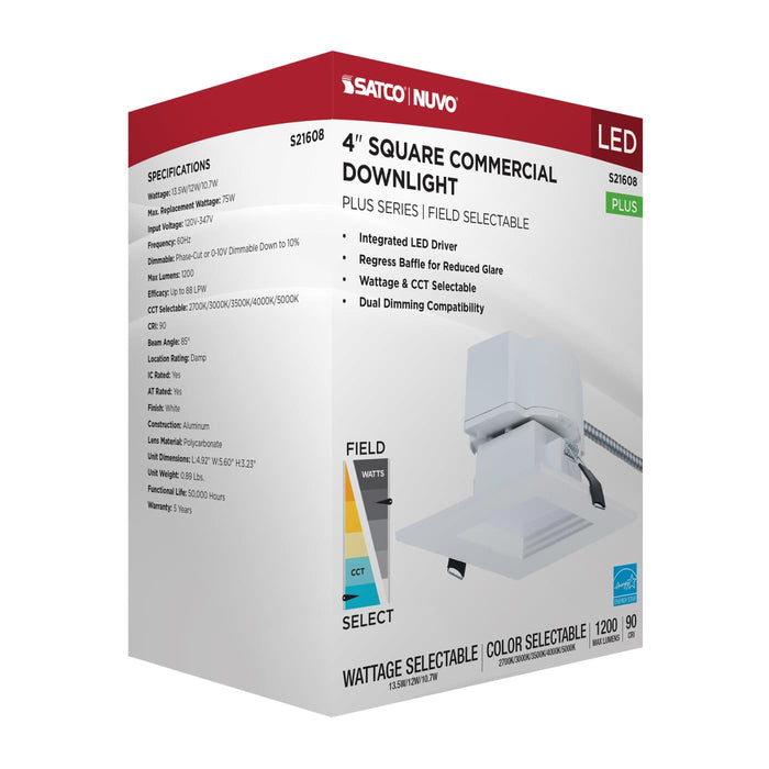 SATCO/NUVO 4 Inch Square LED Commercial Downlight Wattage/CCT Selectable 13.5W/12W/10.7W 2700K/3000K/3500K/4000K/5000K 120-347V Dimmable White (S21608)