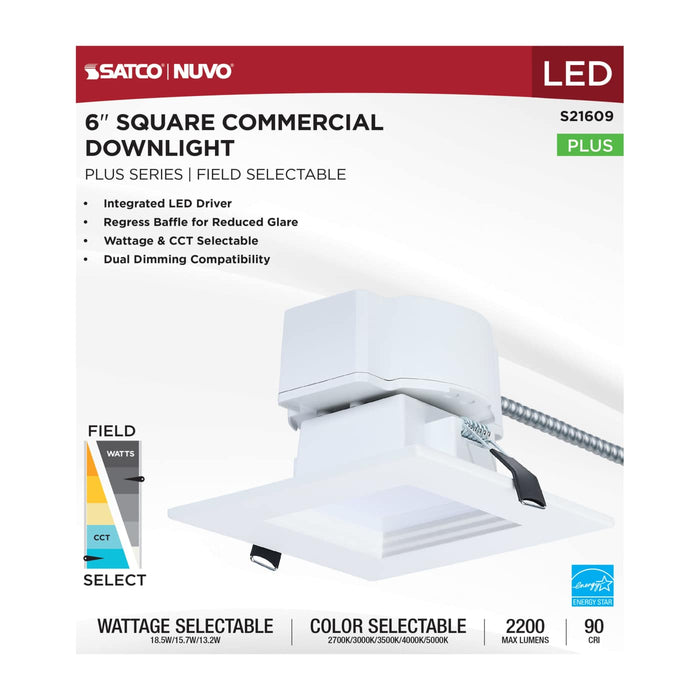 SATCO/NUVO 6 Inch Square LED Downlight Wattage/CCT Selectable 18.5W/15.7W/13.2W 2700K/3000K/3500K/4000K/5000K 120-347V Dimmable 90 CRI White (S21609)