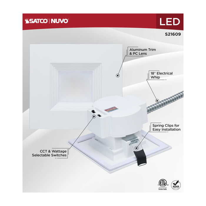SATCO/NUVO 6 Inch Square LED Downlight Wattage/CCT Selectable 18.5W/15.7W/13.2W 2700K/3000K/3500K/4000K/5000K 120-347V Dimmable 90 CRI White (S21609)