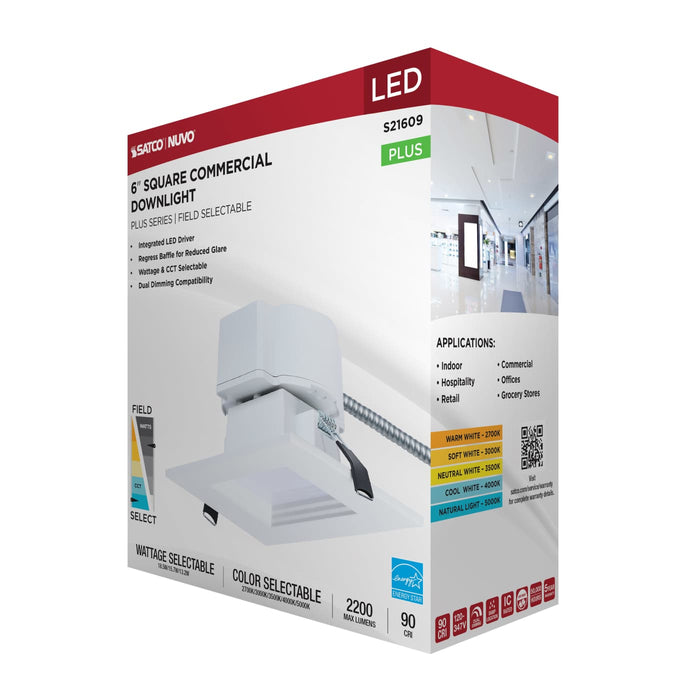 SATCO/NUVO 6 Inch Square LED Downlight Wattage/CCT Selectable 18.5W/15.7W/13.2W 2700K/3000K/3500K/4000K/5000K 120-347V Dimmable 90 CRI White (S21609)