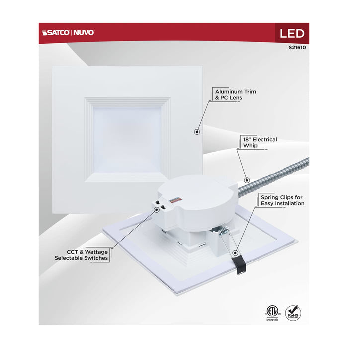 SATCO/NUVO 8 Inch Square LED Downlight Wattage/CCT Selectable 25.5W/22.5W/17.2W 2700K/3000K/3500K/4000K/5000K 120-347V Dimmable 90 CRI White (S21610)