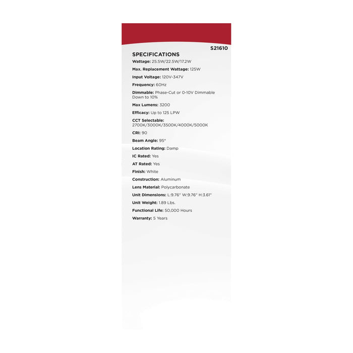 SATCO/NUVO 8 Inch Square LED Downlight Wattage/CCT Selectable 25.5W/22.5W/17.2W 2700K/3000K/3500K/4000K/5000K 120-347V Dimmable 90 CRI White (S21610)