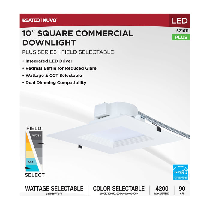 SATCO/NUVO 10 Inch Square LED Commercial Downlight Wattage/CCT Selectable 35W/29W/24W 2700K/3000K/3500K/4000K/5000K 120-277V Dimmable White (S21611)
