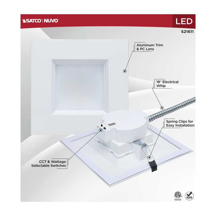 SATCO/NUVO 10 Inch Square LED Commercial Downlight Wattage/CCT Selectable 35W/29W/24W 2700K/3000K/3500K/4000K/5000K 120-277V Dimmable White (S21611)