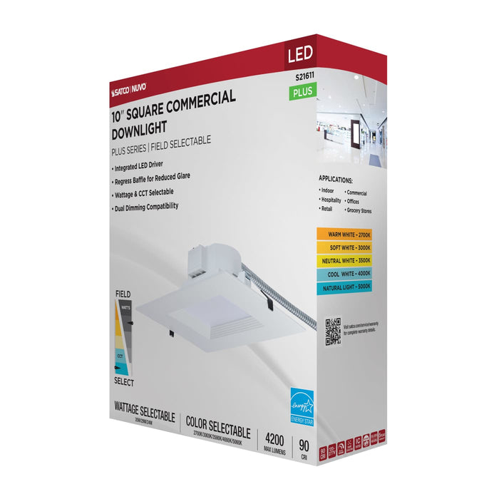 SATCO/NUVO 10 Inch Square LED Commercial Downlight Wattage/CCT Selectable 35W/29W/24W 2700K/3000K/3500K/4000K/5000K 120-277V Dimmable White (S21611)