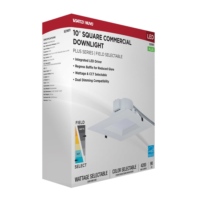 SATCO/NUVO 10 Inch Square LED Commercial Downlight Wattage/CCT Selectable 35W/29W/24W 2700K/3000K/3500K/4000K/5000K 120-277V Dimmable White (S21611)