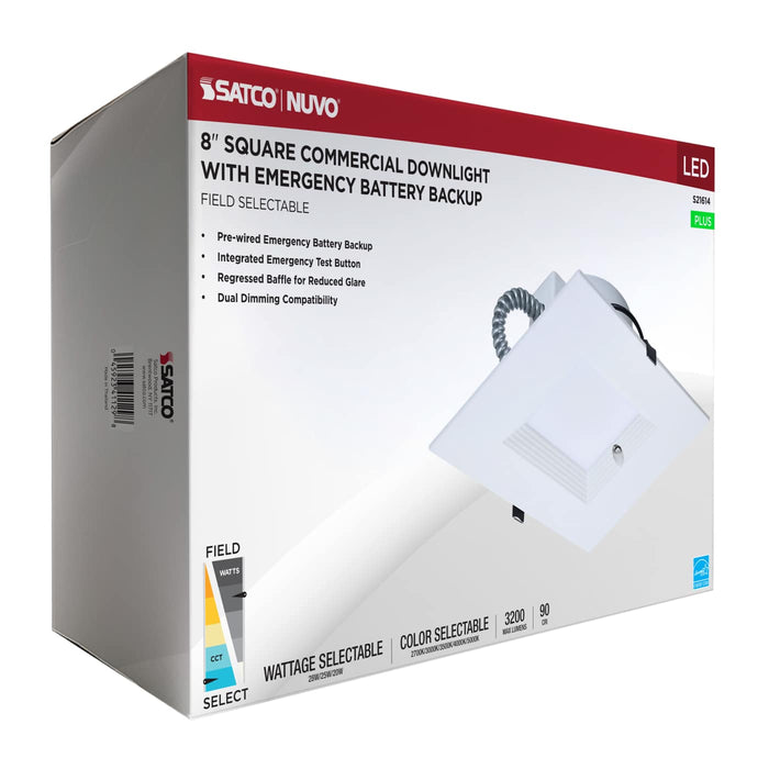 SATCO/NUVO 8 Inch Square LED Downlight Wattage/CCT Selectable 28W/25W/20W 2700K/3000K/3500K/4000K/5000K 120-347V Dimmable White Emergency Battery Backup (S21614)