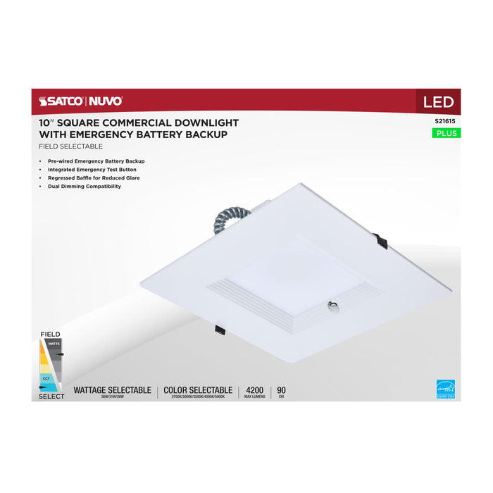 SATCO/NUVO 10 Inch Square LED Downlight Wattage/CCT Selectable 38W/31W/26W 2700K/3000K/3500K/4000K/5000K 120-277V  White Emergency Battery Backup (S21615)
