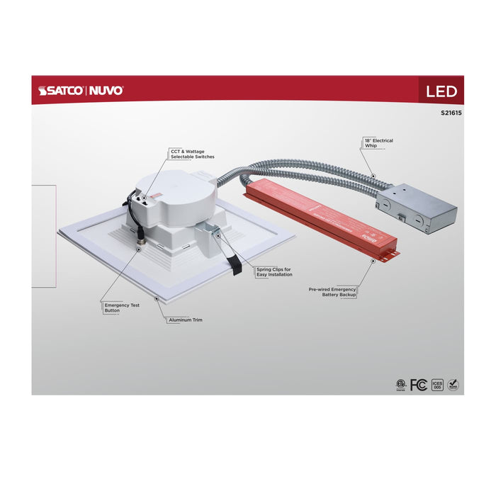 SATCO/NUVO 10 Inch Square LED Downlight Wattage/CCT Selectable 38W/31W/26W 2700K/3000K/3500K/4000K/5000K 120-277V  White Emergency Battery Backup (S21615)