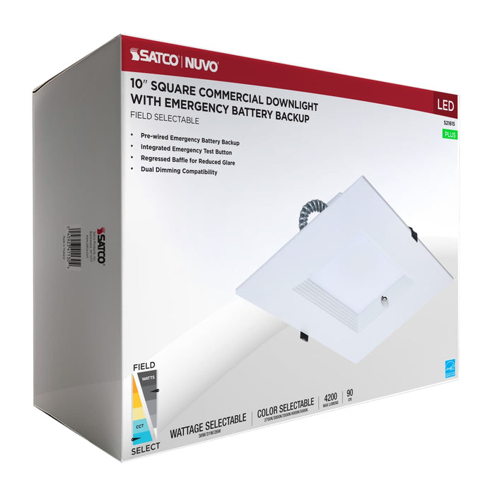 SATCO/NUVO 10 Inch Square LED Downlight Wattage/CCT Selectable 38W/31W/26W 2700K/3000K/3500K/4000K/5000K 120-277V  White Emergency Battery Backup (S21615)