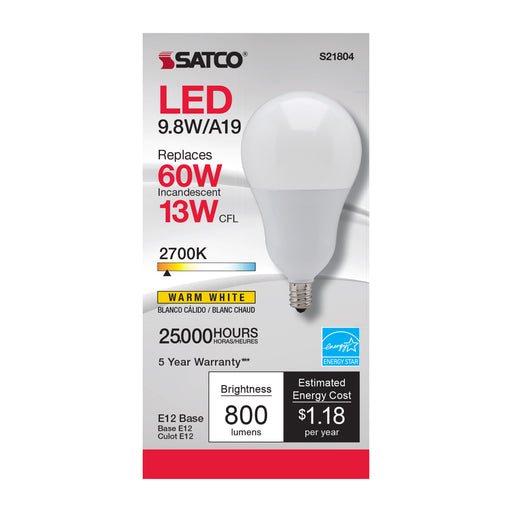 SATCO/NUVO 9.8W A19 LED 2700K Candelabra Base 220 Degree Beam Spread 120V (S21804)