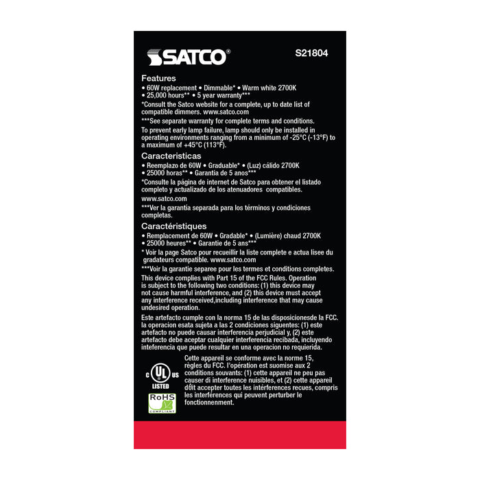 SATCO/NUVO 9.8W A19 LED 2700K Candelabra Base 220 Degree Beam Spread 120V (S21804)