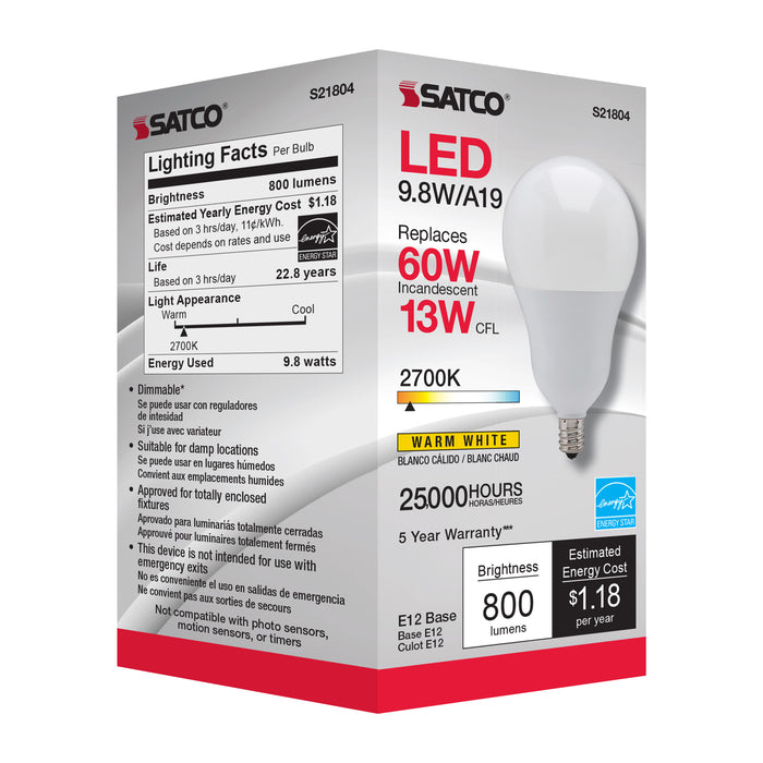 SATCO/NUVO 9.8W A19 LED 2700K Candelabra Base 220 Degree Beam Spread 120V (S21804)