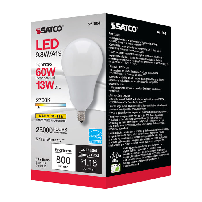 SATCO/NUVO 9.8W A19 LED 2700K Candelabra Base 220 Degree Beam Spread 120V (S21804)