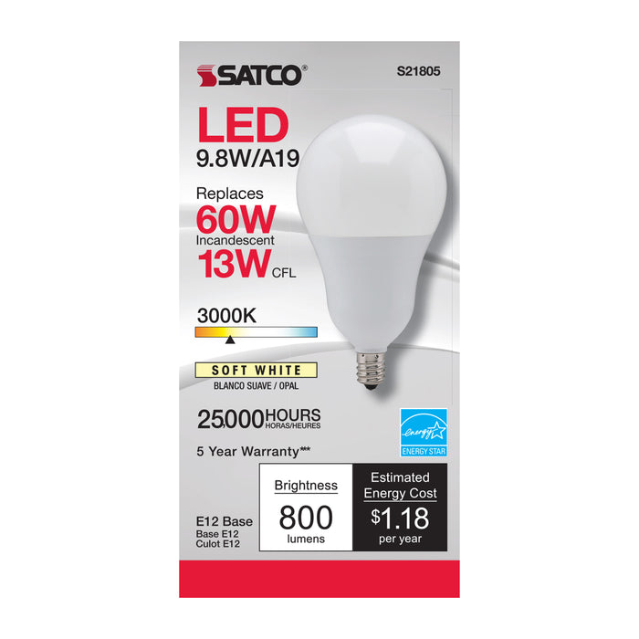 SATCO/NUVO 9.8W A19 LED 3000K Candelabra Base 220 Degree Beam Spread 120V (S21805)