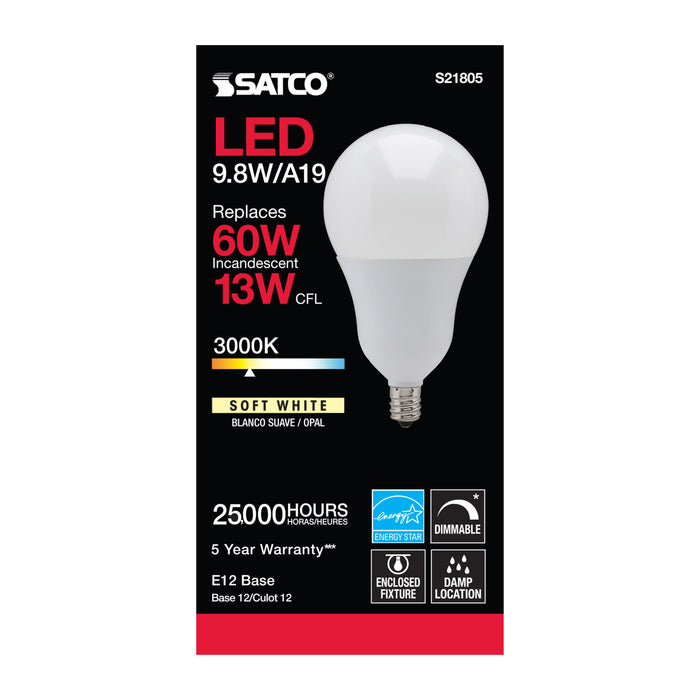 SATCO/NUVO 9.8W A19 LED 3000K Candelabra Base 220 Degree Beam Spread 120V (S21805)
