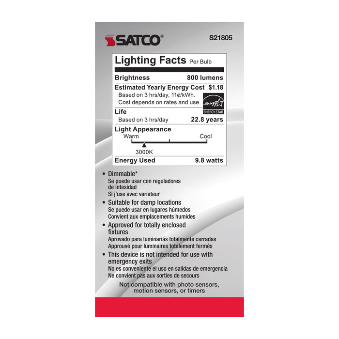 SATCO/NUVO 9.8W A19 LED 3000K Candelabra Base 220 Degree Beam Spread 120V (S21805)