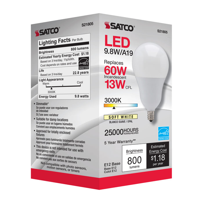 SATCO/NUVO 9.8W A19 LED 3000K Candelabra Base 220 Degree Beam Spread 120V (S21805)