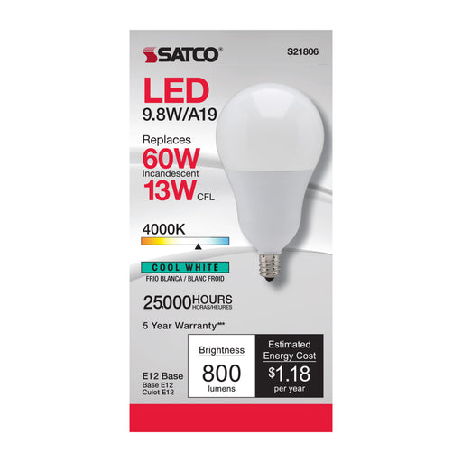 SATCO/NUVO 9.8W A19 LED 4000K Candelabra Base 220 Degree Beam Spread 120V (S21806)
