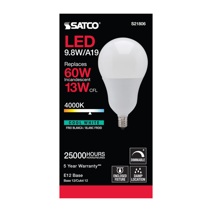 SATCO/NUVO 9.8W A19 LED 4000K Candelabra Base 220 Degree Beam Spread 120V (S21806)
