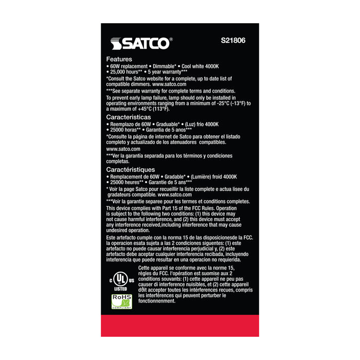 SATCO/NUVO 9.8W A19 LED 4000K Candelabra Base 220 Degree Beam Spread 120V (S21806)