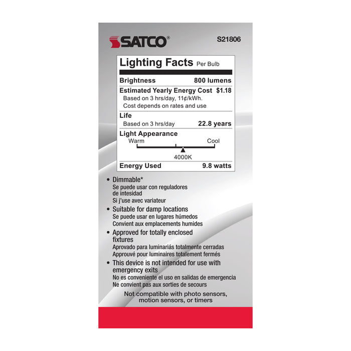 SATCO/NUVO 9.8W A19 LED 4000K Candelabra Base 220 Degree Beam Spread 120V (S21806)