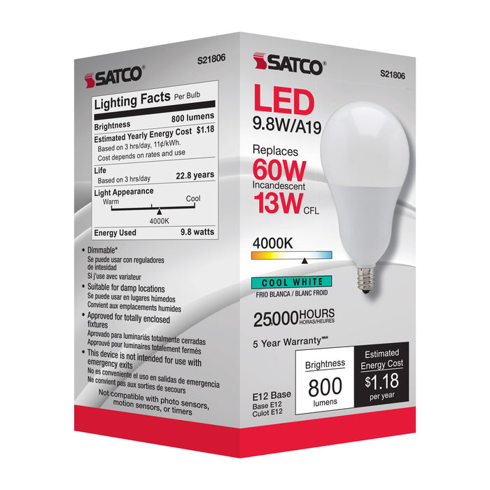 SATCO/NUVO 9.8W A19 LED 4000K Candelabra Base 220 Degree Beam Spread 120V (S21806)