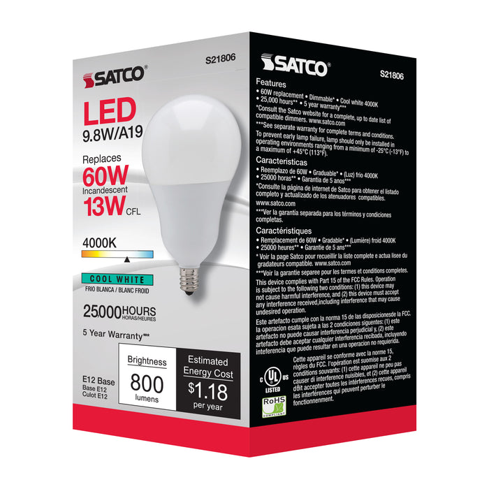 SATCO/NUVO 9.8W A19 LED 4000K Candelabra Base 220 Degree Beam Spread 120V (S21806)
