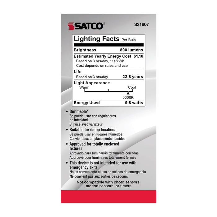SATCO/NUVO 9.8W A19 LED 5000K Candelabra Base 220 Degree Beam Spread 120V (S21807)