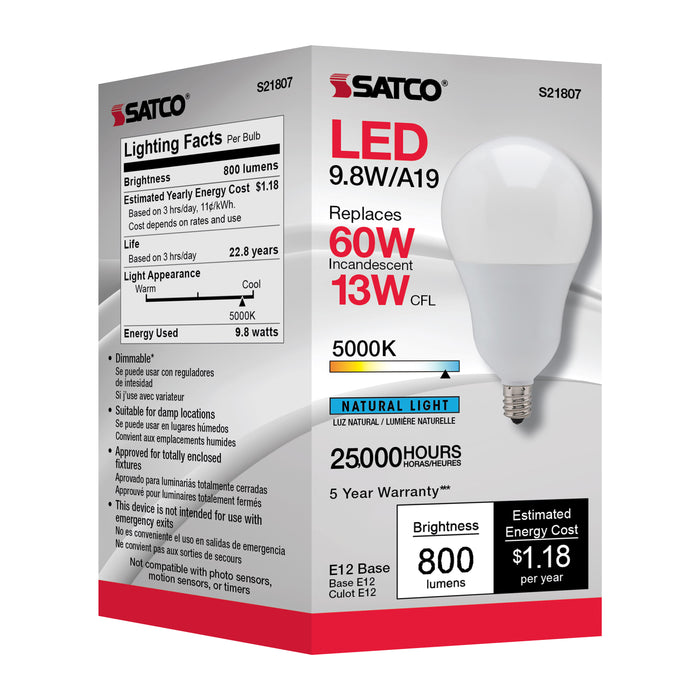 SATCO/NUVO 9.8W A19 LED 5000K Candelabra Base 220 Degree Beam Spread 120V (S21807)
