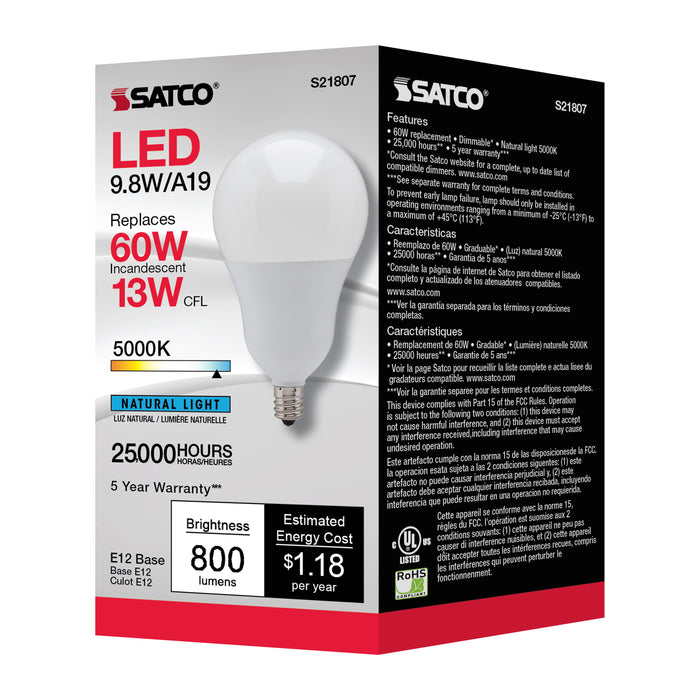 SATCO/NUVO 9.8W A19 LED 5000K Candelabra Base 220 Degree Beam Spread 120V (S21807)