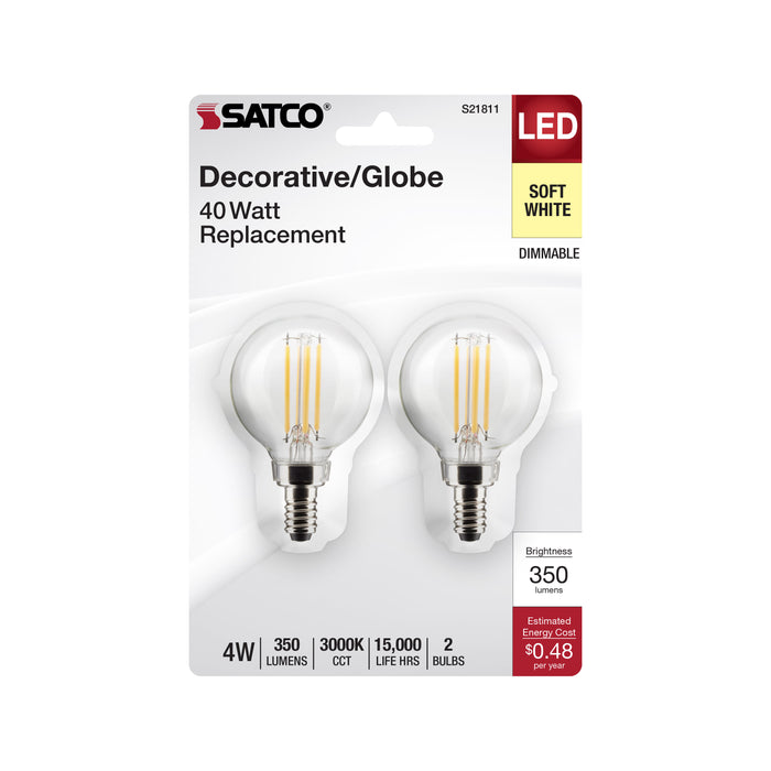 SATCO/NUVO 4W G16.5 LED Clear Candelabra E12 Base 3000K 350Lm 120V 2-Pack (S21811)