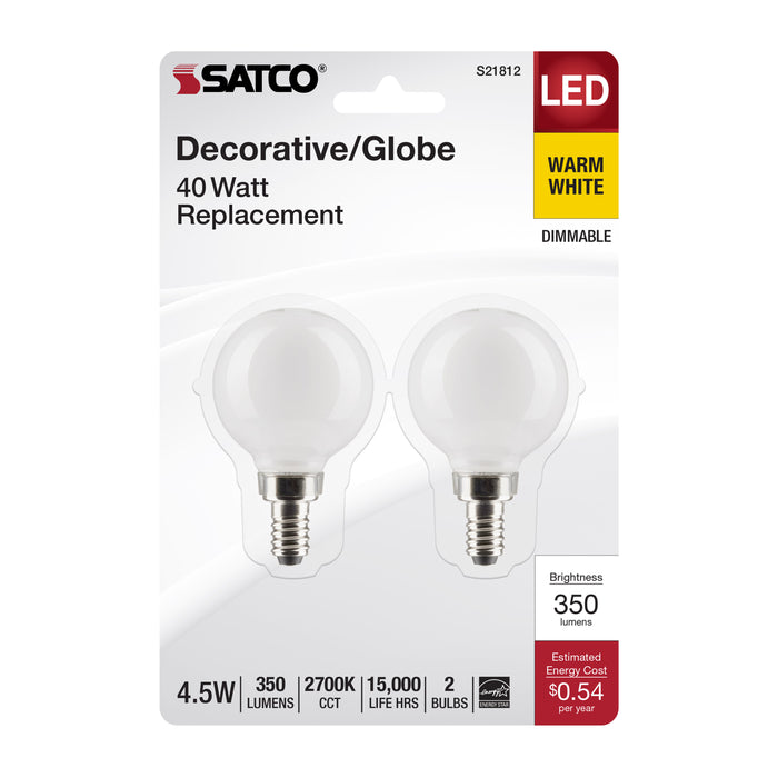 SATCO/NUVO 4.5W G16.5 LED White Candelabra E12 Base 2700K 350Lm 120V 2-Pack (S21812)